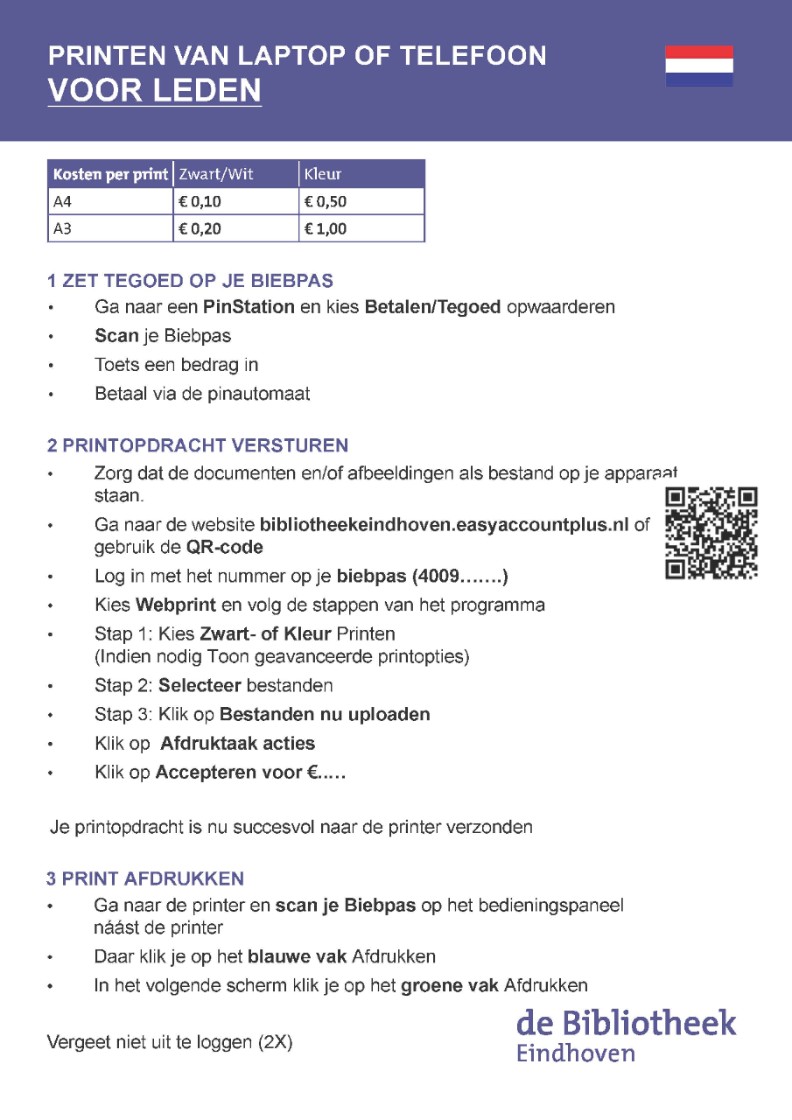 Handleiding printen, bibliotheeklid, vanaf laptop of telefoon